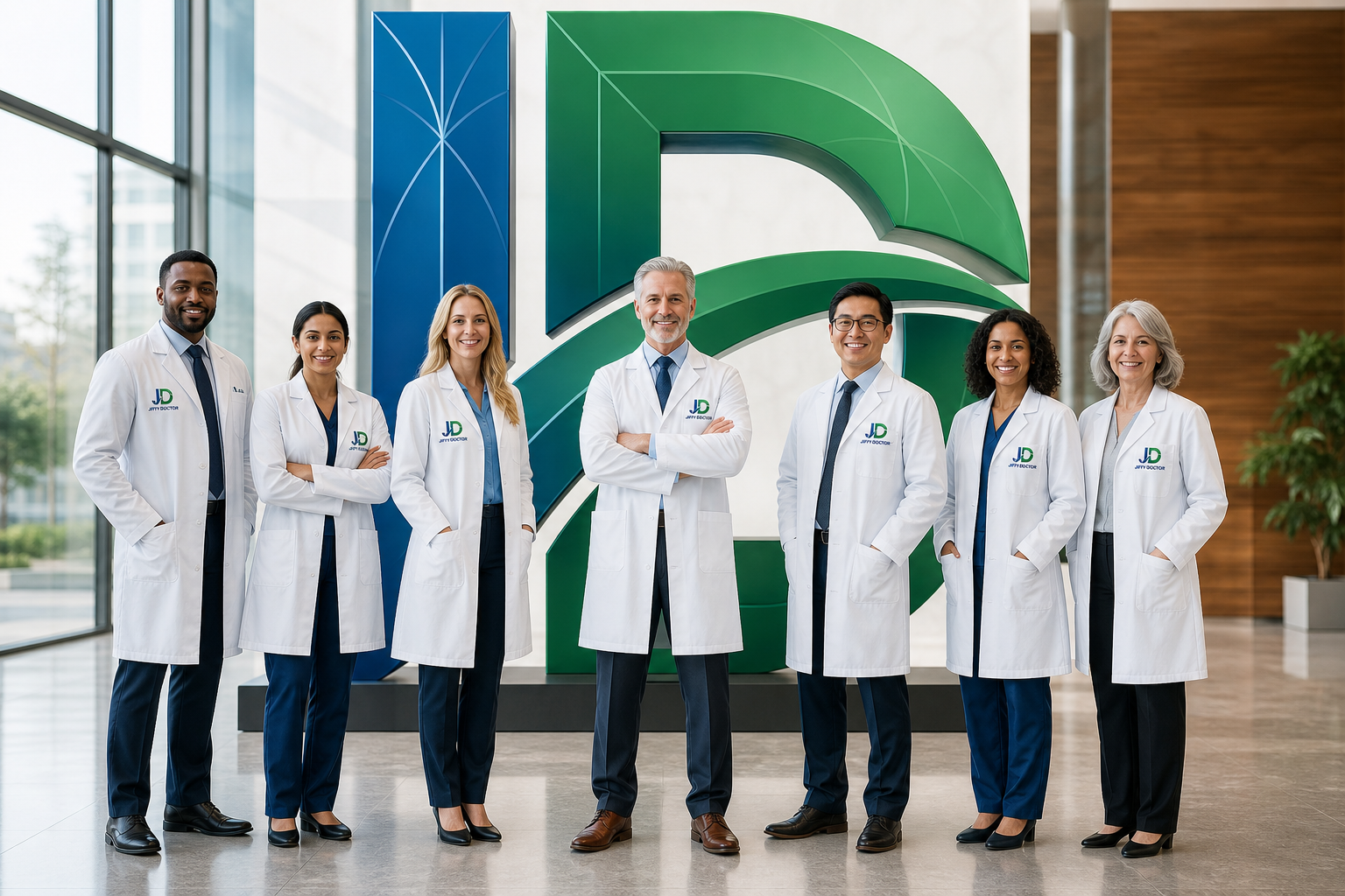 A diverse group of licensed doctors standing in front of a large dimensional Jiffy Doctor logo